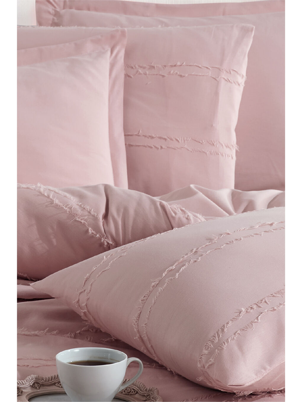 Pembe Ranforce %100 Pamuk Çift Kişilik Saçaklı Nevresim Seti Avola Pudra-1