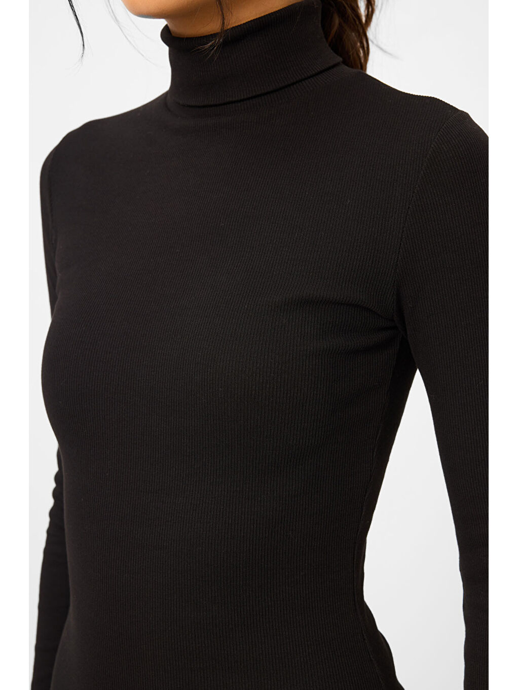 Siyah Kaşkorse Triko Dar Kalıp Balıkçı Yaka Kadın Elbise - 97117-4