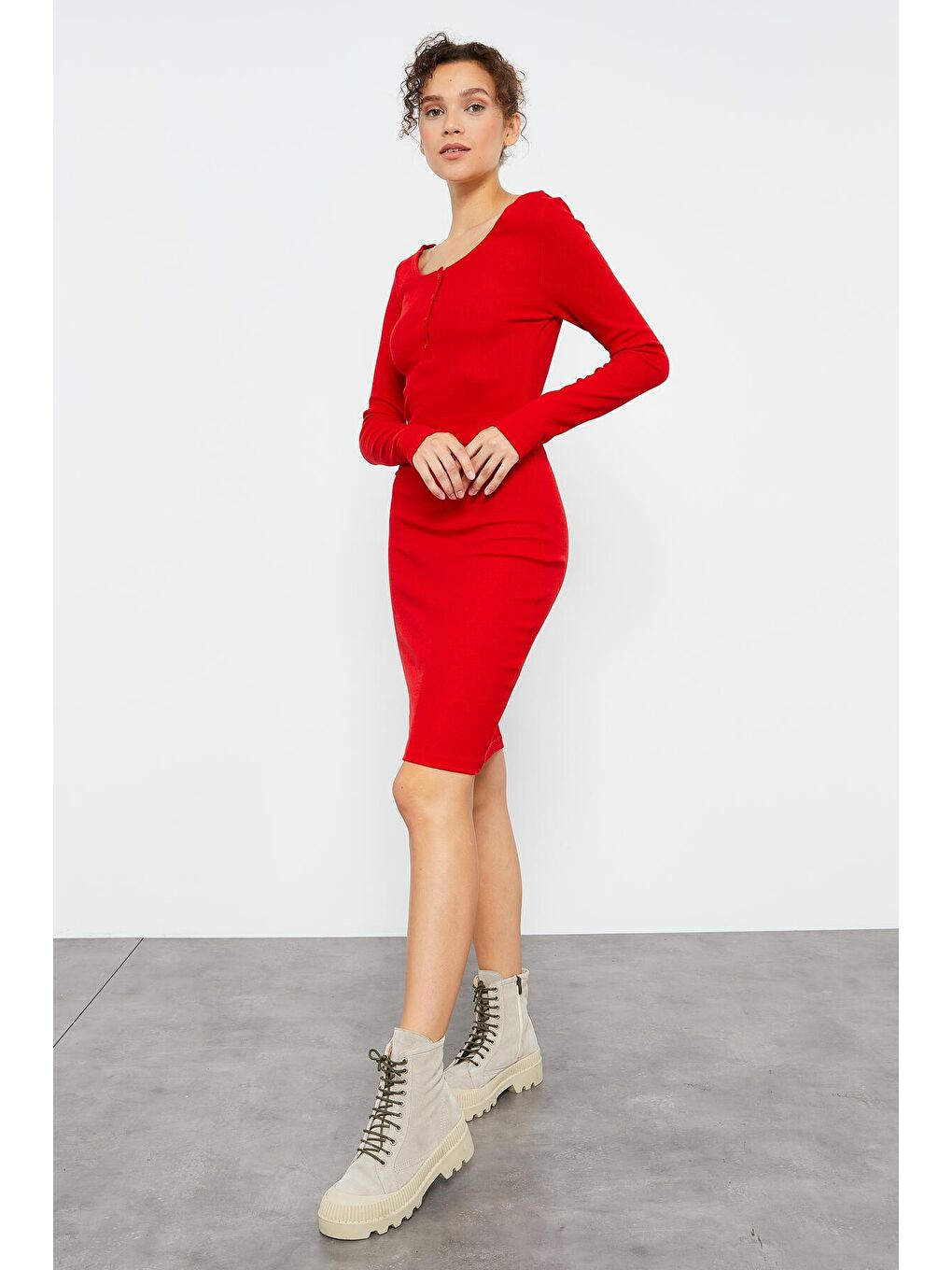 Kırmızı Kaşkorse Triko Dar Kalıp Patlı Yaka Kadın Elbise - 97116