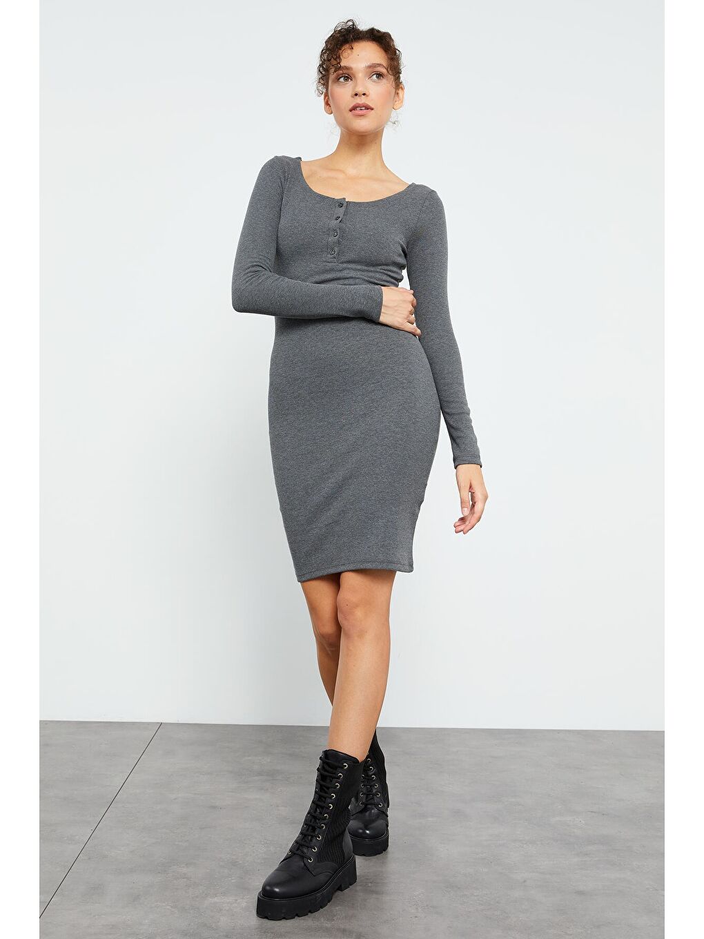 Antrasit Melanj Kaşkorse Triko Dar Kalıp Patlı Yaka Kadın Elbise - 97116-2