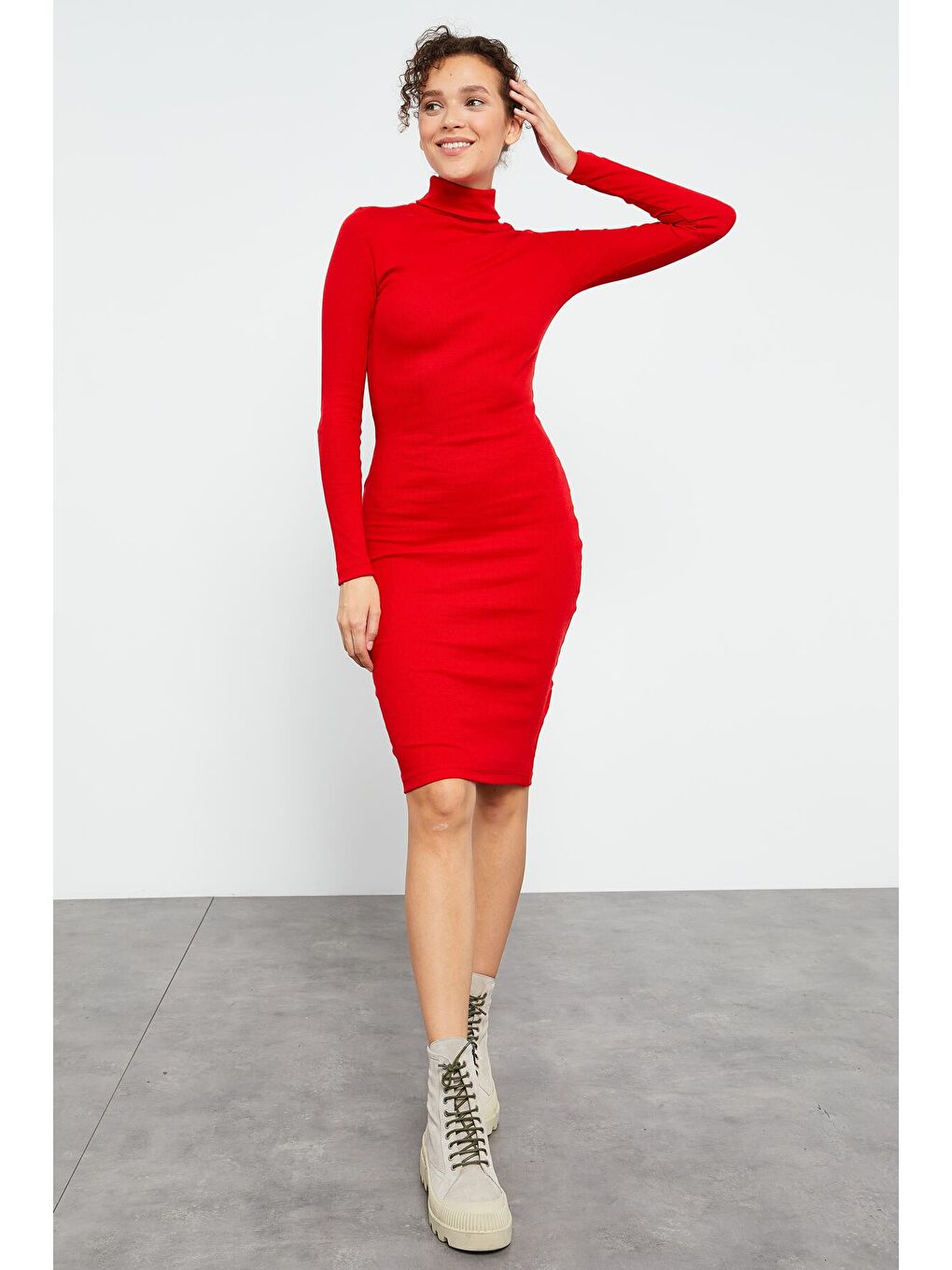 Kırmızı Kaşkorse Triko Dar Kalıp Balıkçı Yaka Kadın Elbise - 97117