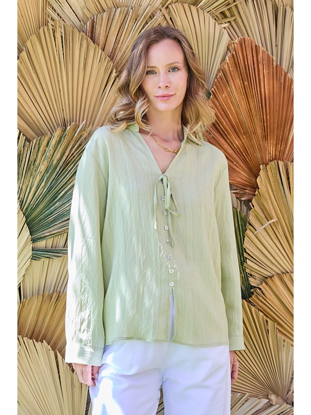 Turkuaz Önü Bağlamalı Düğmeli Salaş Gömlek-3