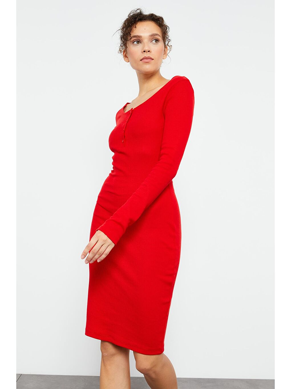 Kırmızı Kaşkorse Triko Dar Kalıp Patlı Yaka Kadın Elbise - 97116-1