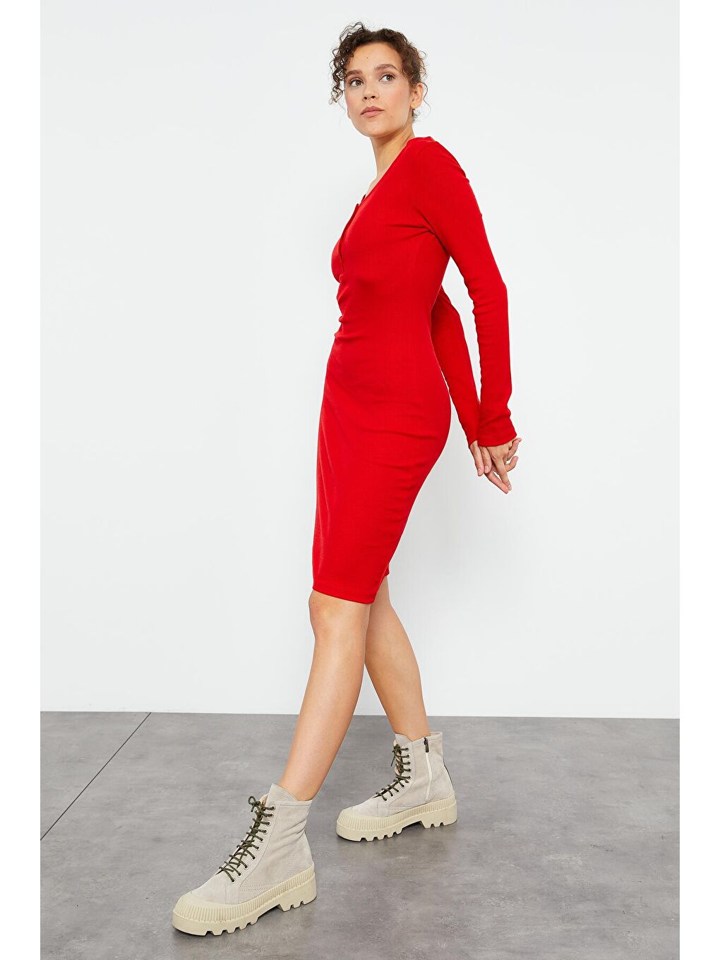 Kırmızı Kaşkorse Triko Dar Kalıp Patlı Yaka Kadın Elbise - 97116-2