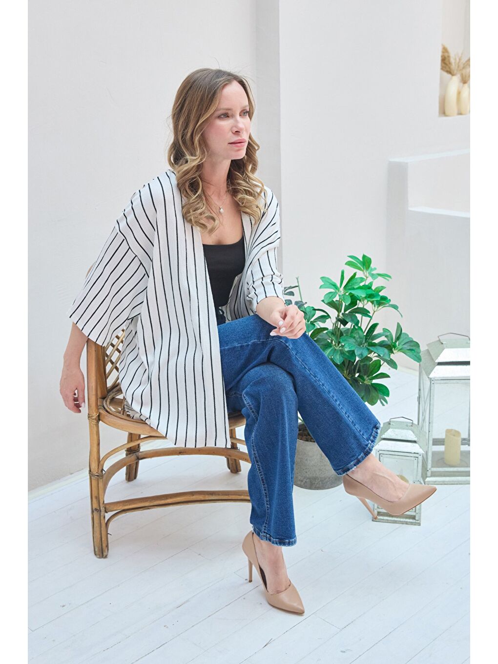 Ekru Çizgili Bürümcük Kumaş Kimono-4