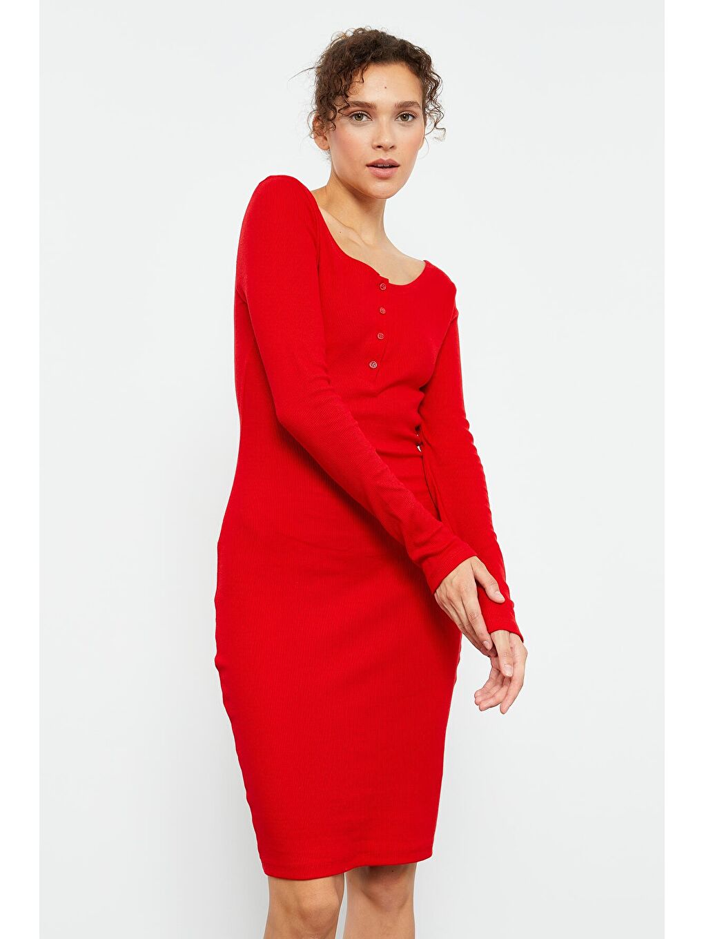 Kırmızı Kaşkorse Triko Dar Kalıp Patlı Yaka Kadın Elbise - 97116-3