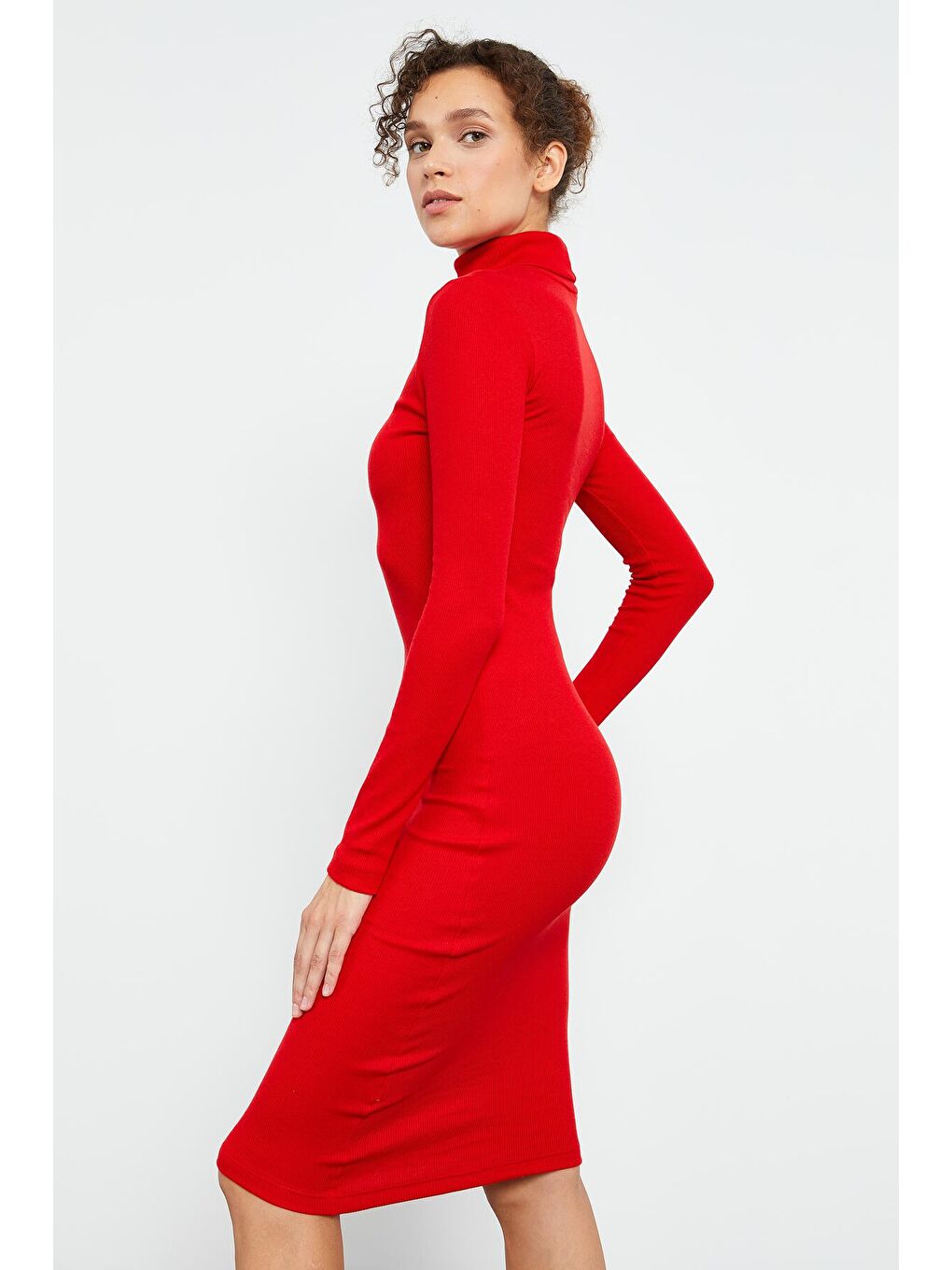 Kırmızı Kaşkorse Triko Dar Kalıp Balıkçı Yaka Kadın Elbise - 97117-3