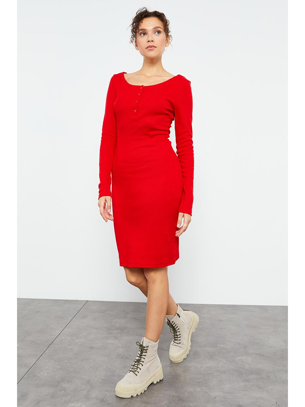 Kırmızı Kaşkorse Triko Dar Kalıp Patlı Yaka Kadın Elbise - 97116-4