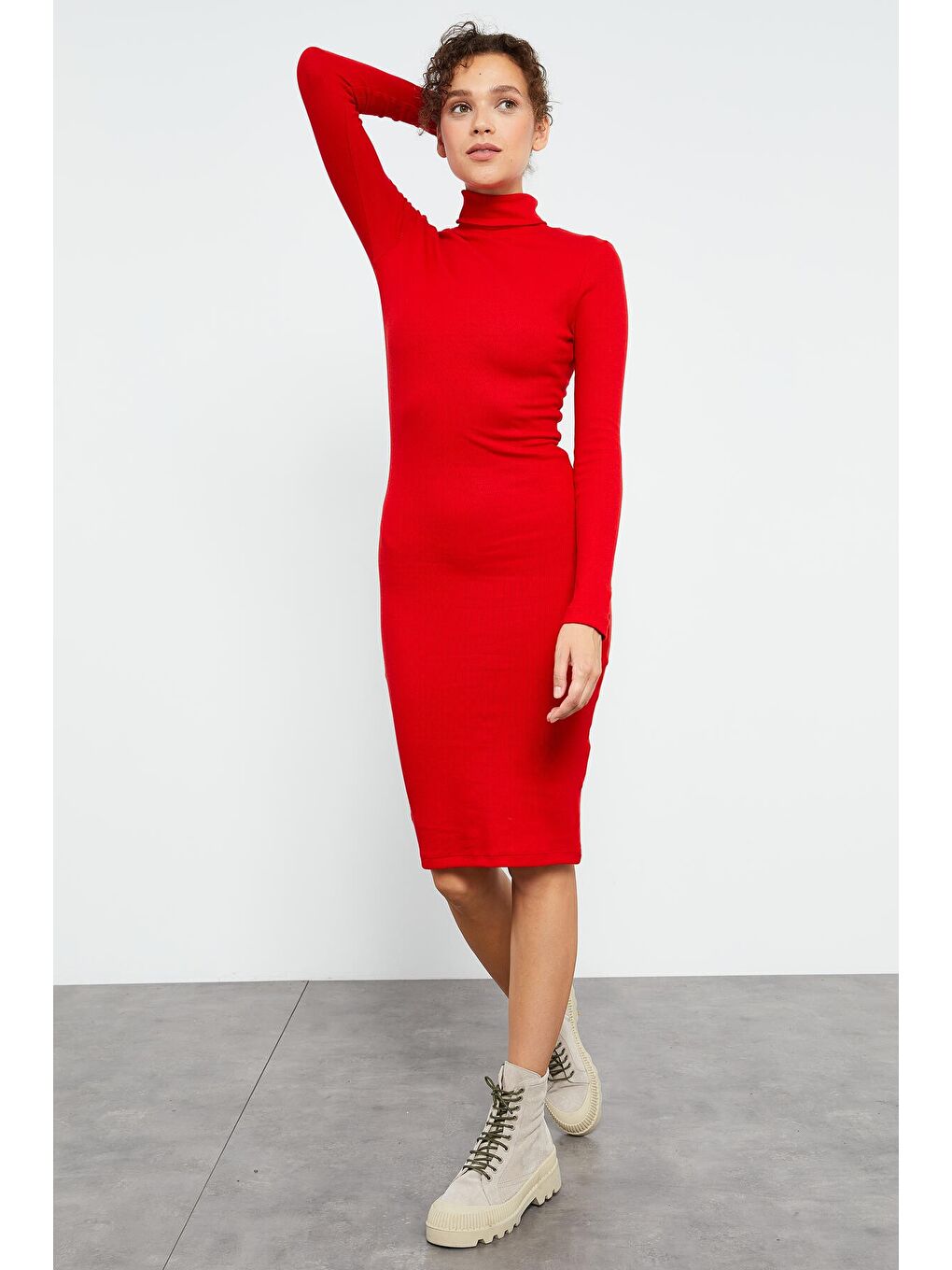 Kırmızı Kaşkorse Triko Dar Kalıp Balıkçı Yaka Kadın Elbise - 97117-4