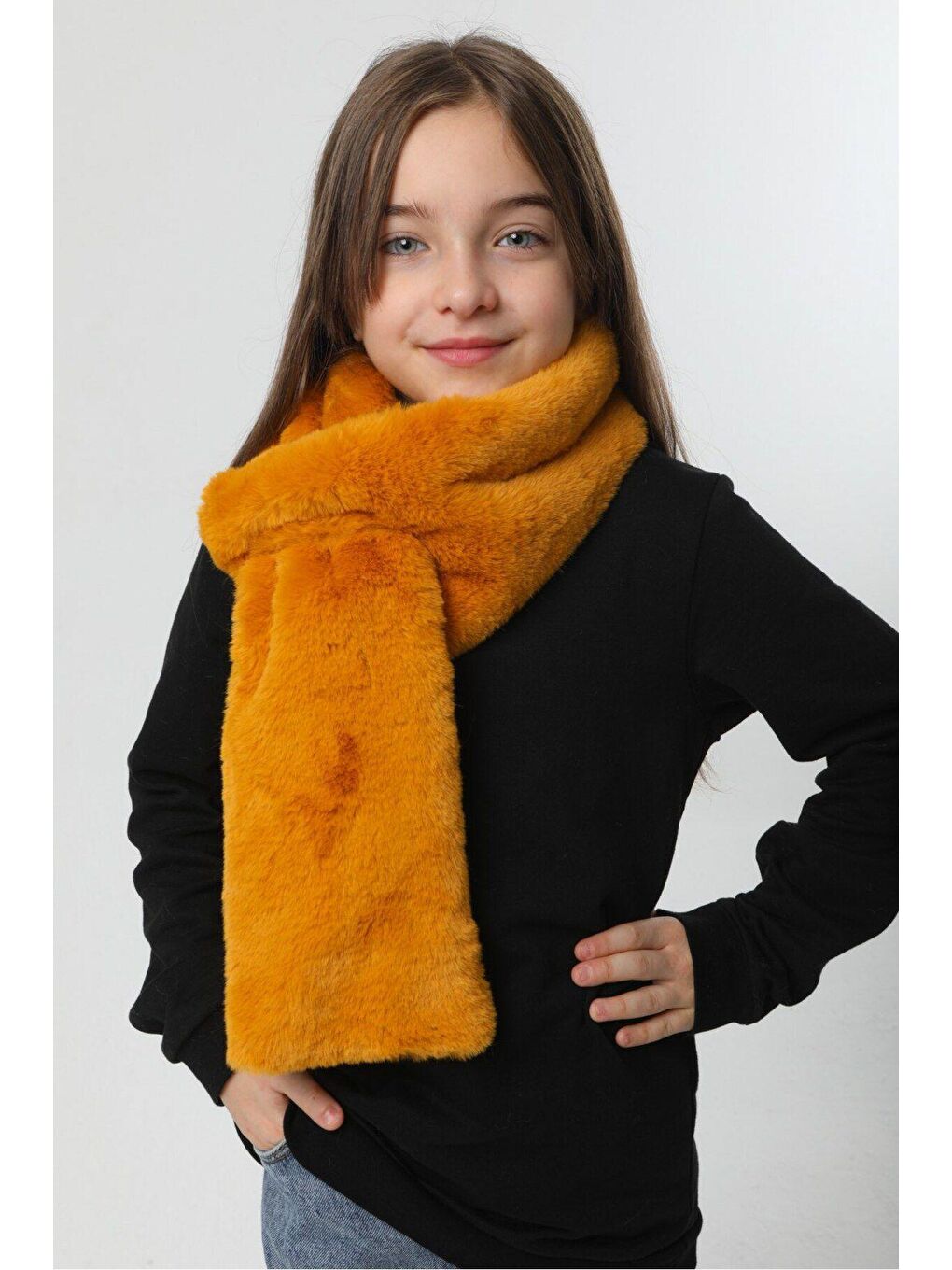 Kahverengi Kız Çocuk Safran Pelüş Kaşkol Boyunluk Atkı Byn001-2