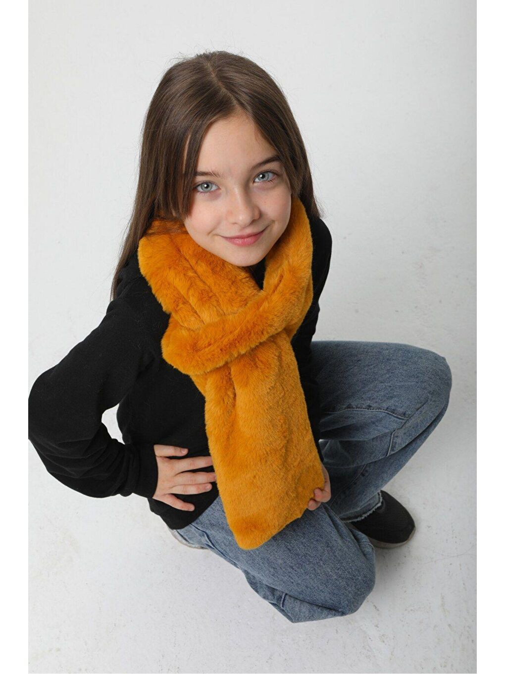 Kahverengi Kız Çocuk Safran Pelüş Kaşkol Boyunluk Atkı Byn001-3