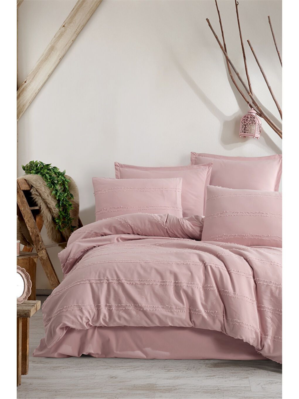 Pembe Ranforce %100 Pamuk Çift Kişilik Saçaklı Nevresim Seti Avola Pudra-3