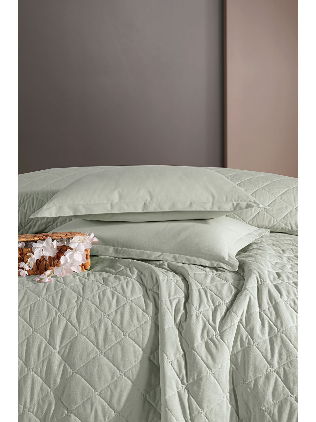 Yeşil Ranforce %100 Pamuk Tek Kişilik Dört Mevsim Kapitoneli Nevresim Takımı Etta Ada Çayı-1