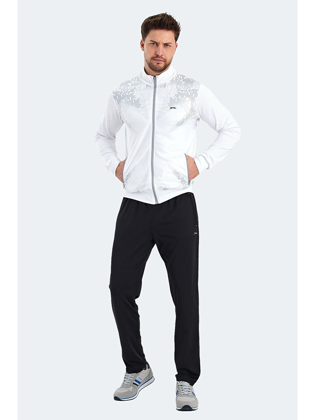 RECOGNIZE Erkek Fermuarlı Dik Yaka Cepli Beyaz Eşofman Takımı