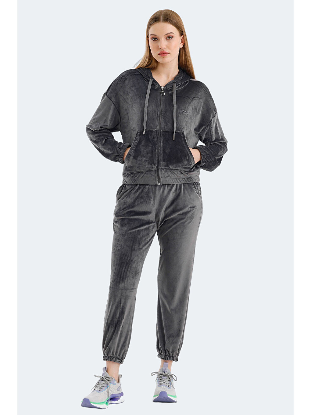 VOTE IN Kadın Fermuarlı Kapüşonlu Cepli Koyu Gri Eşofman Takımı-2