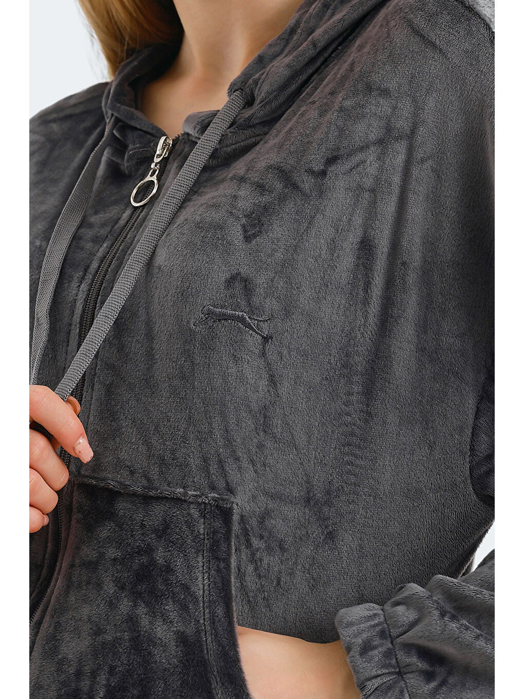 VOTE IN Kadın Fermuarlı Kapüşonlu Cepli Koyu Gri Eşofman Takımı-3