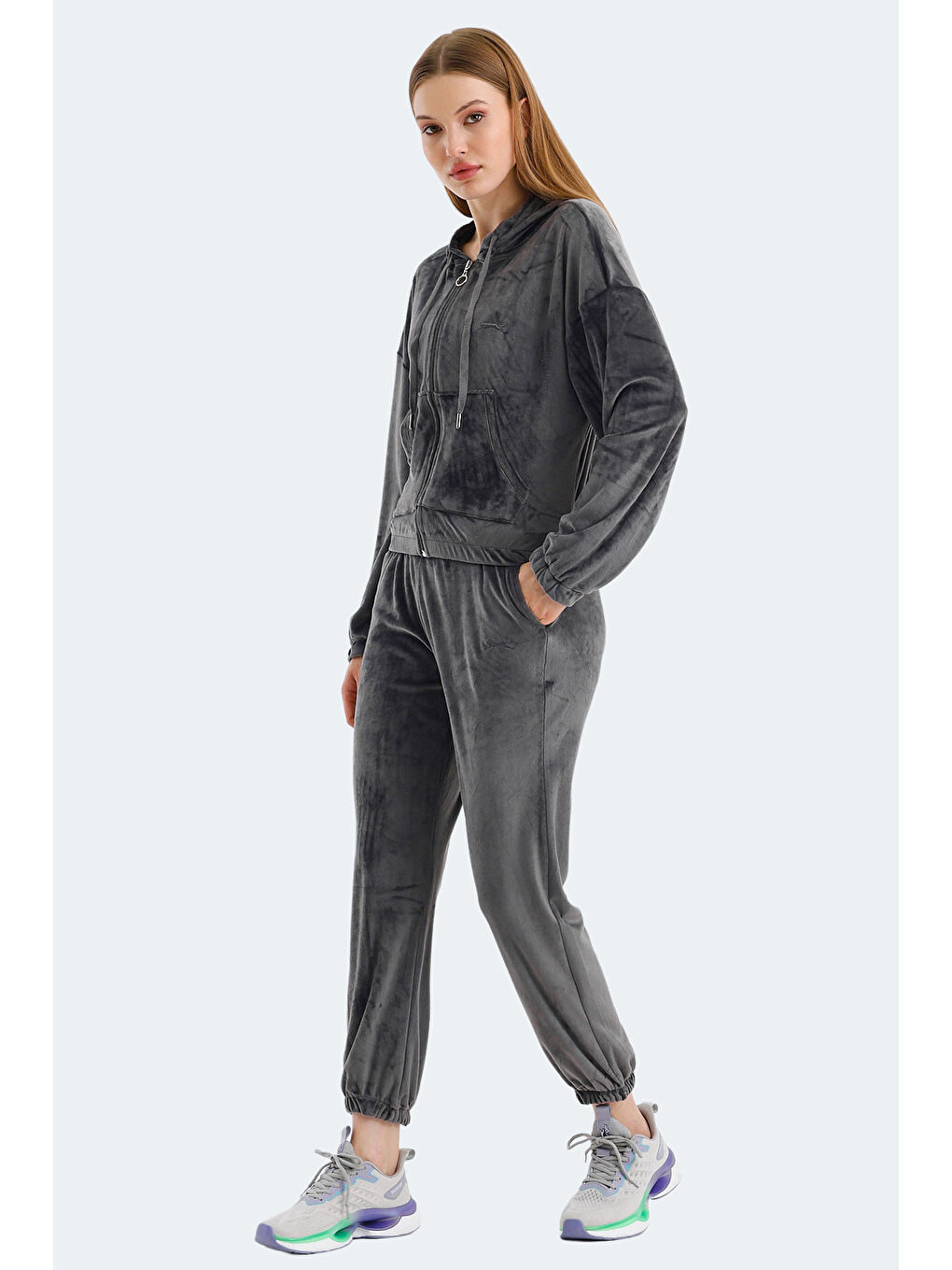 VOTE IN Kadın Fermuarlı Kapüşonlu Cepli Koyu Gri Eşofman Takımı-5