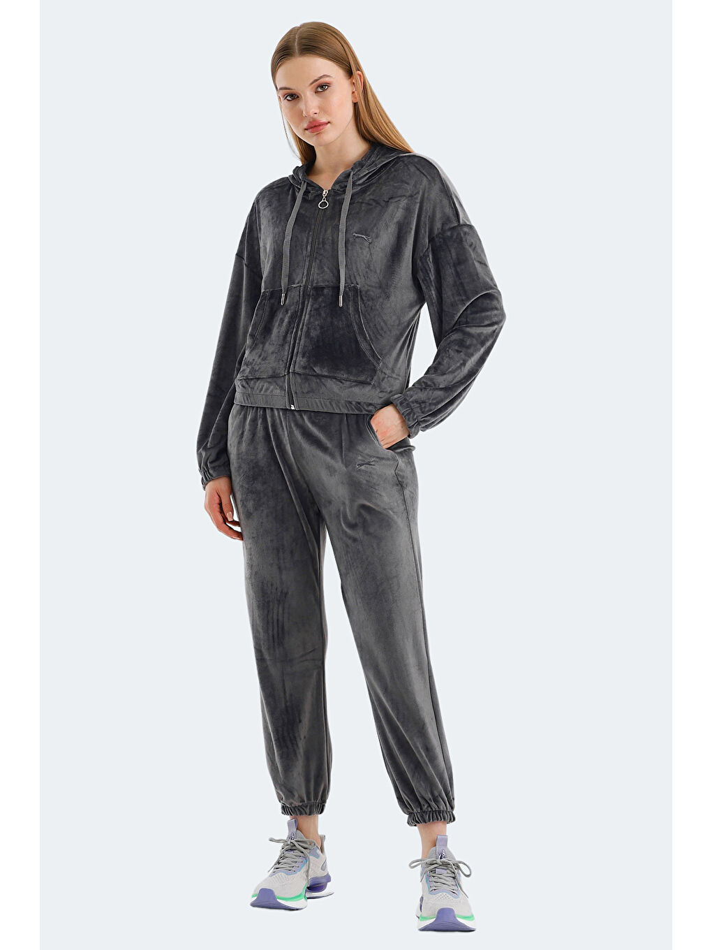 VOTE IN Kadın Fermuarlı Kapüşonlu Cepli Koyu Gri Eşofman Takımı-6