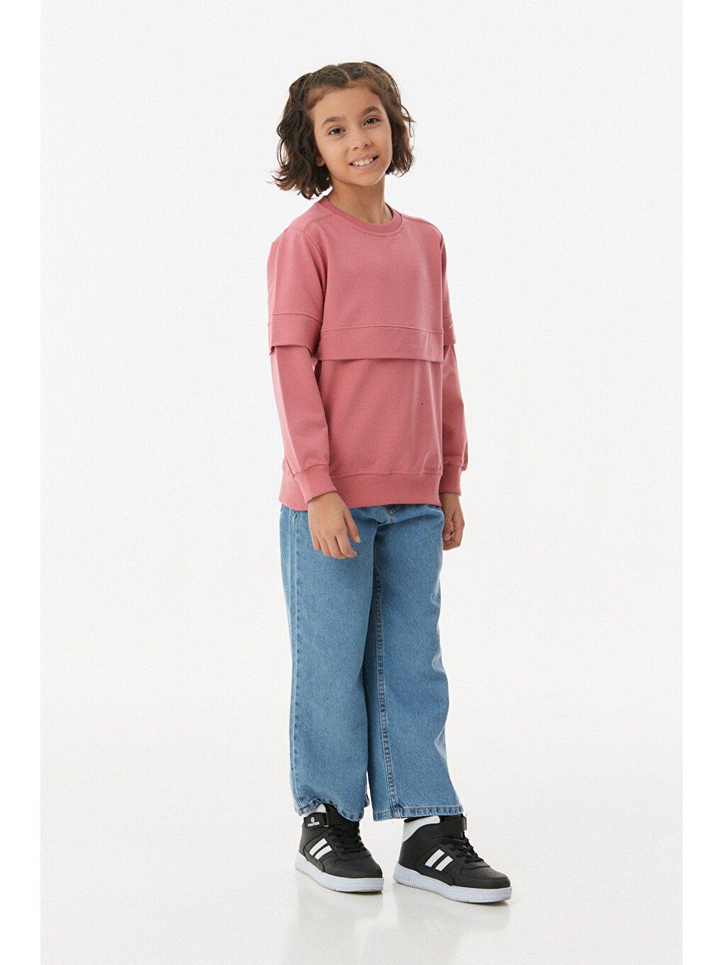 Pembe Nakışlı Bisiklet Yaka Kız Çocuk Sweatshirt-1