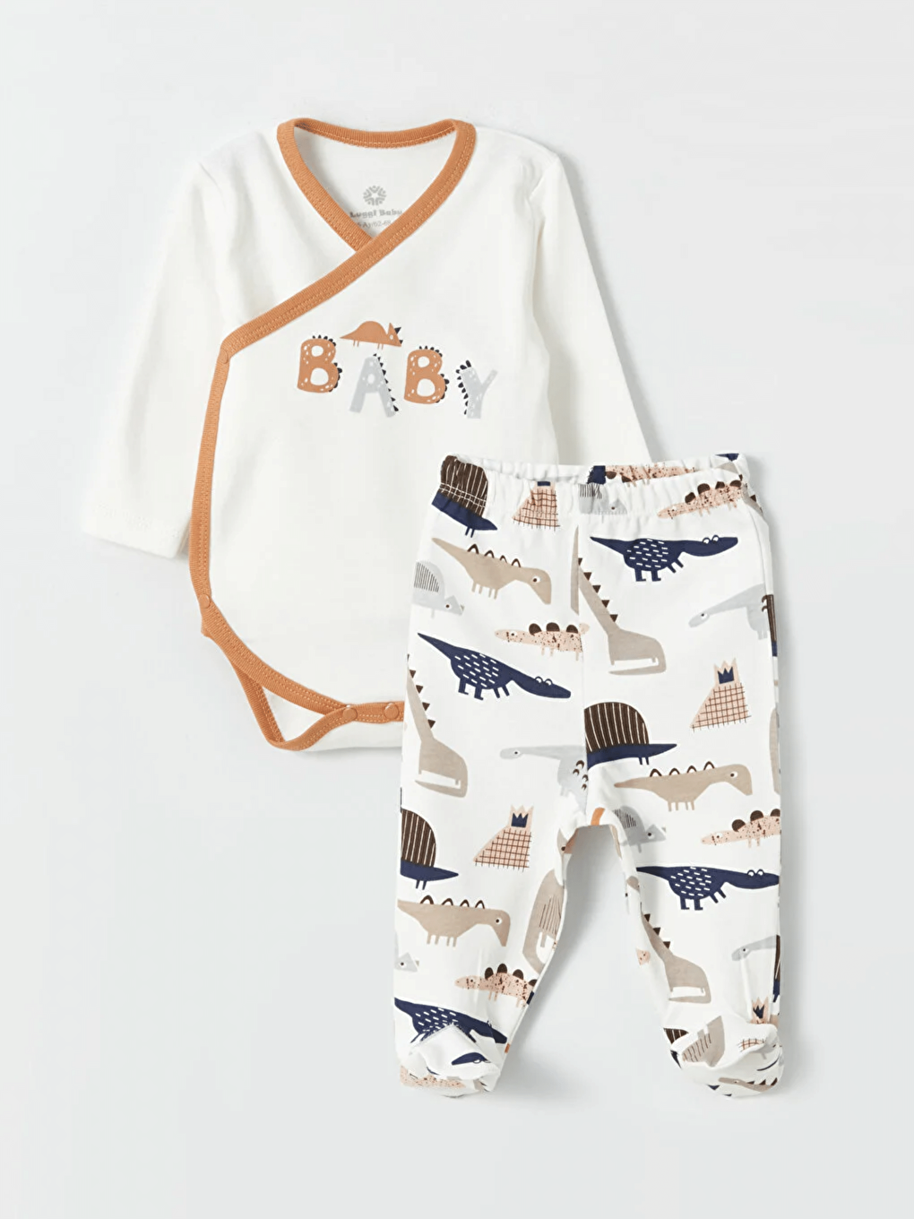 Ekru V Yaka Uzun Kollu Baskılı Erkek Bebek Takım