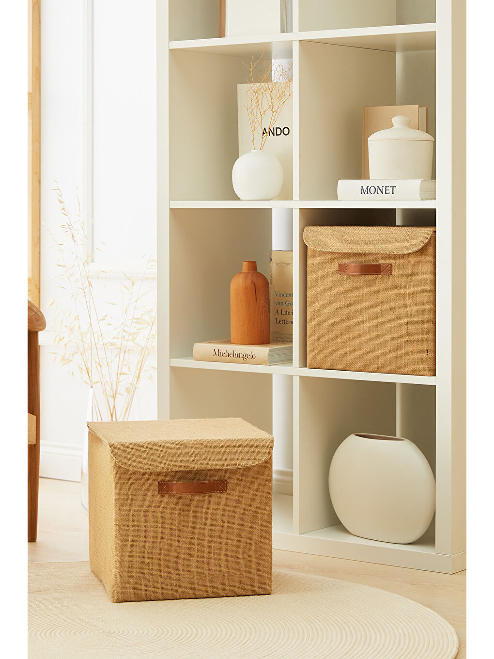 Bej 2'li Jüt Kapaklı Kutu Set 30x30x30 cm-1