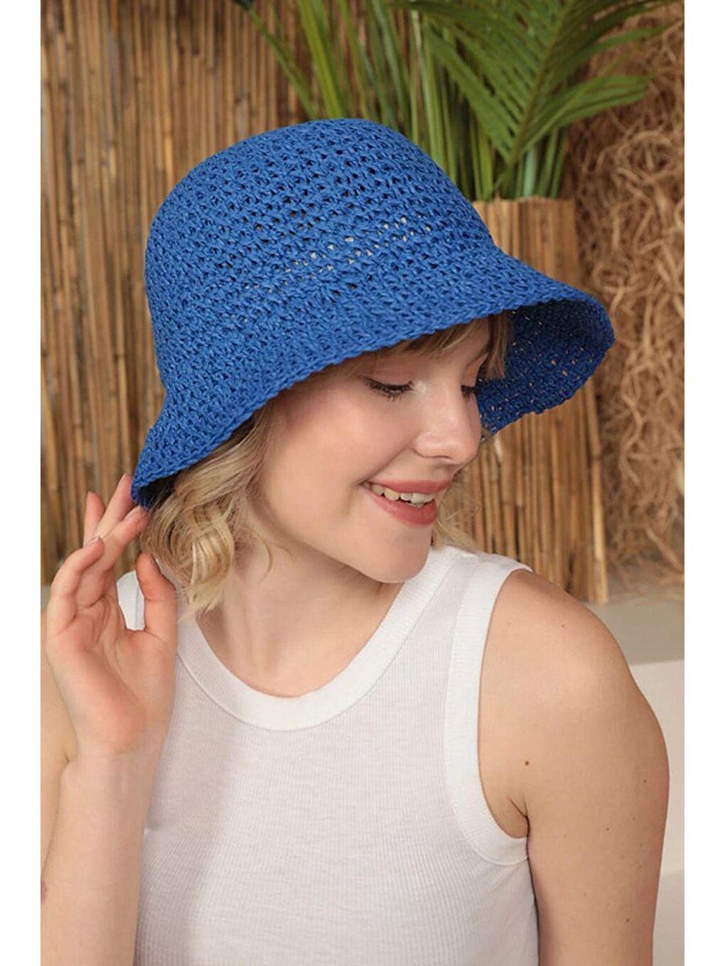 Mavi Saks Ithal El Örgüsü Hasır Şapka-1