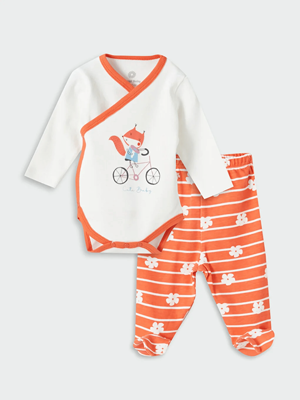 Luggi Baby Ekru V Yaka Uzun Kollu Baskılı Kız Bebek 2'li Takım