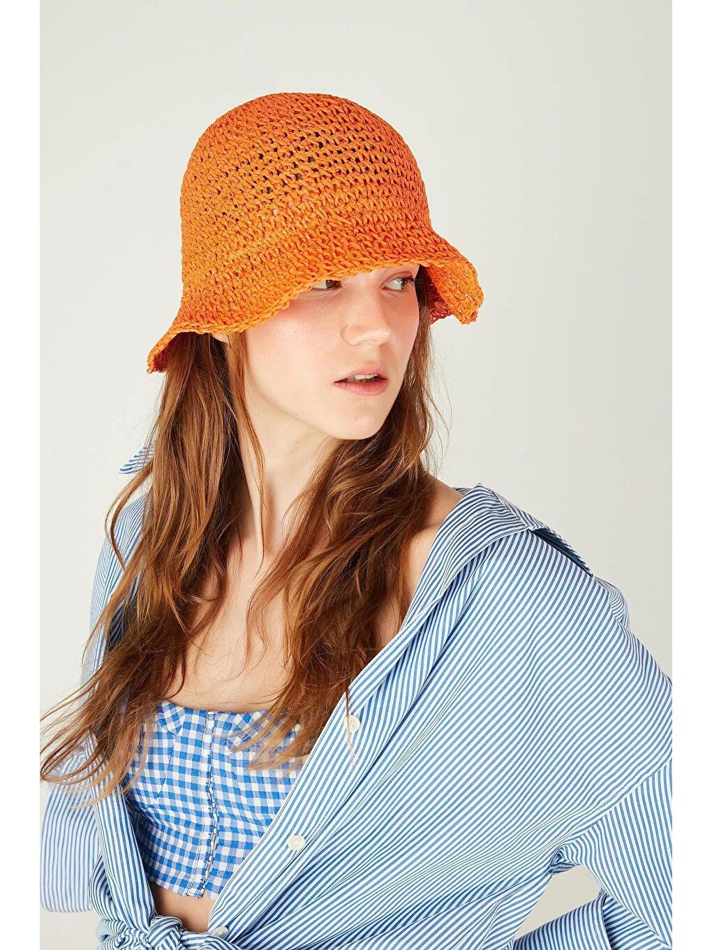 Turuncu Ithal El Örgüsü Hasır Şapka-1