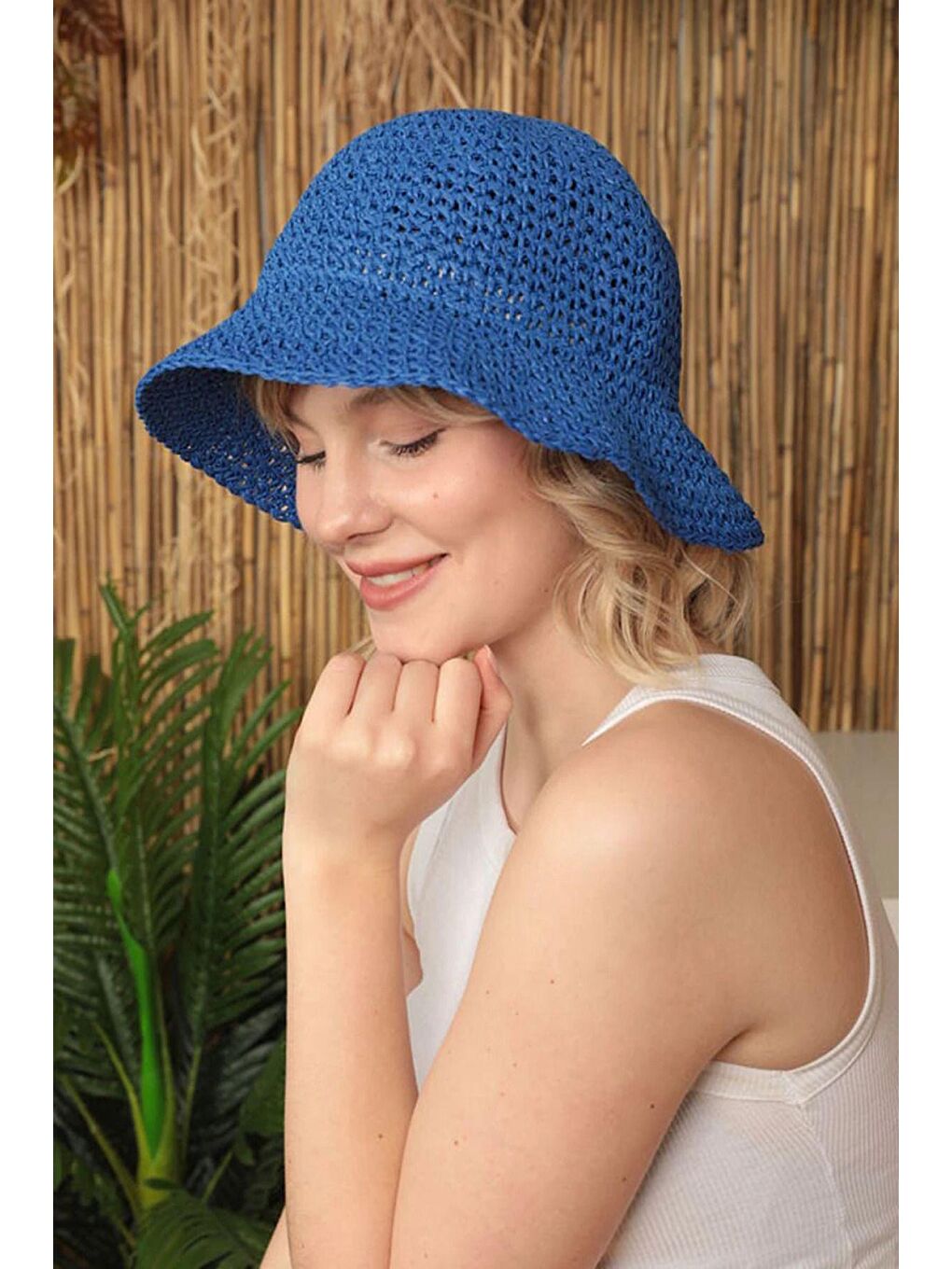 Mavi Saks Ithal El Örgüsü Hasır Şapka-2