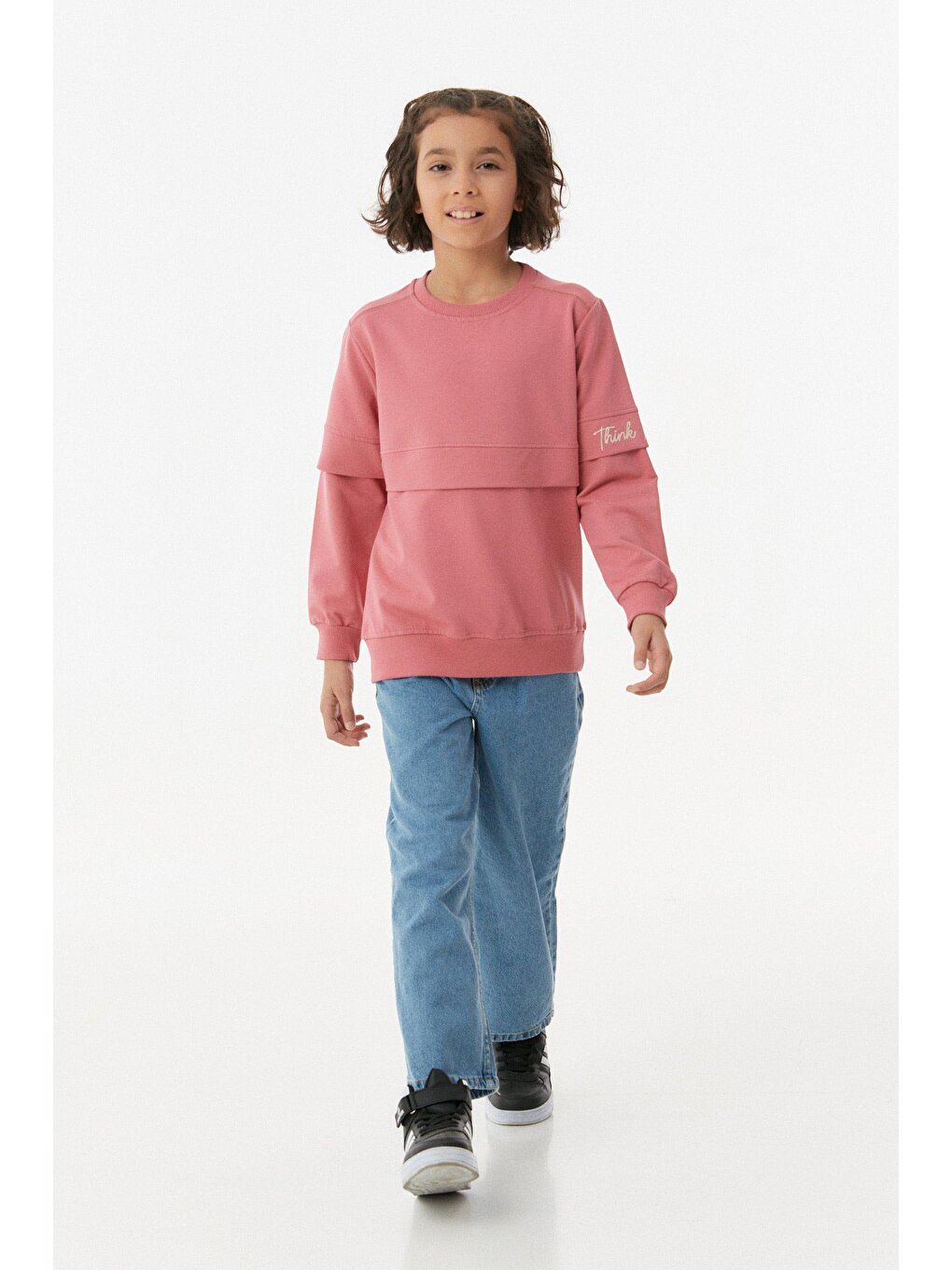 Pembe Nakışlı Bisiklet Yaka Kız Çocuk Sweatshirt-3