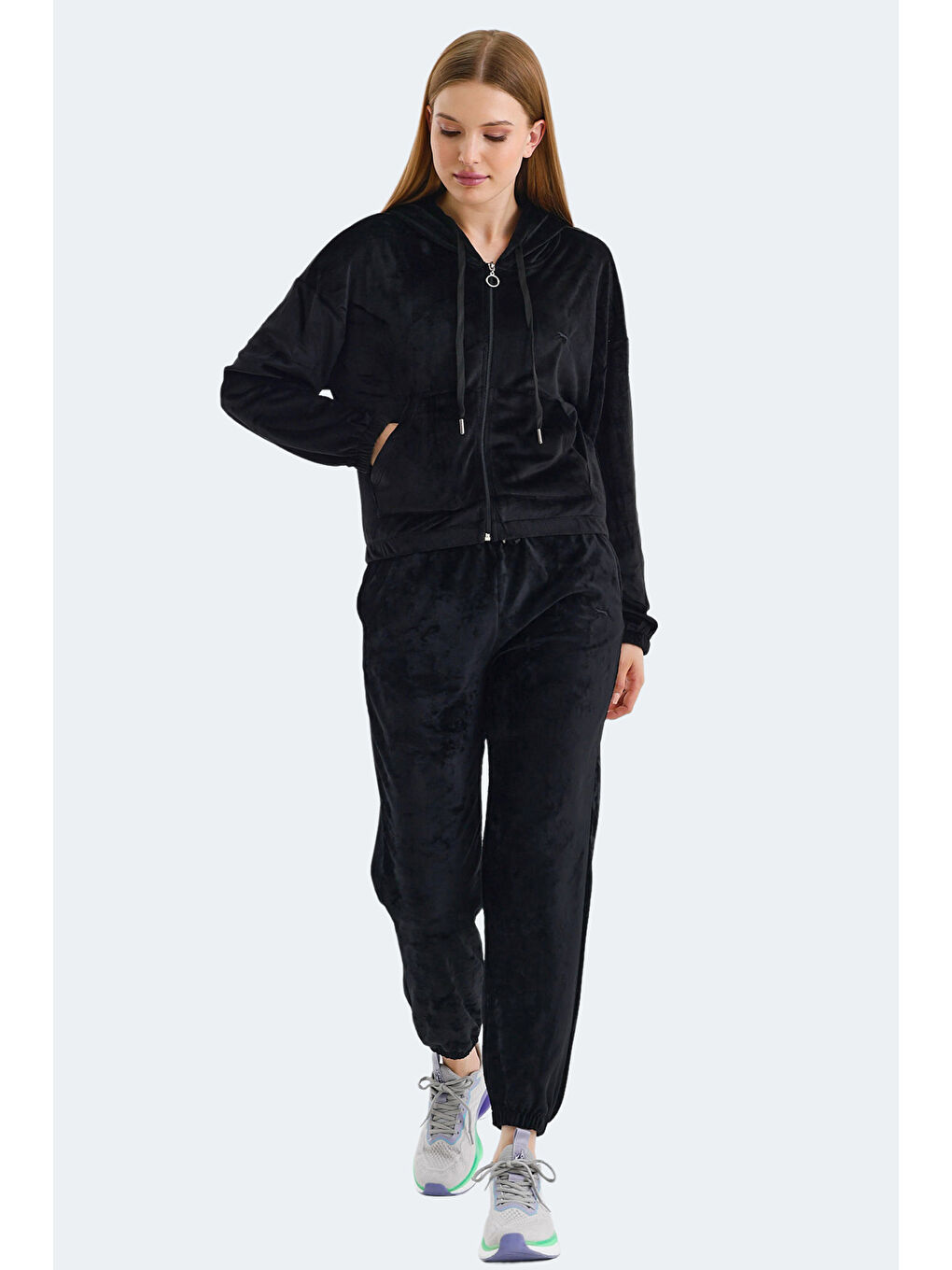 VOTE IN Kadın Fermuarlı Kapüşonlu Cepli Siyah Eşofman Takımı-2