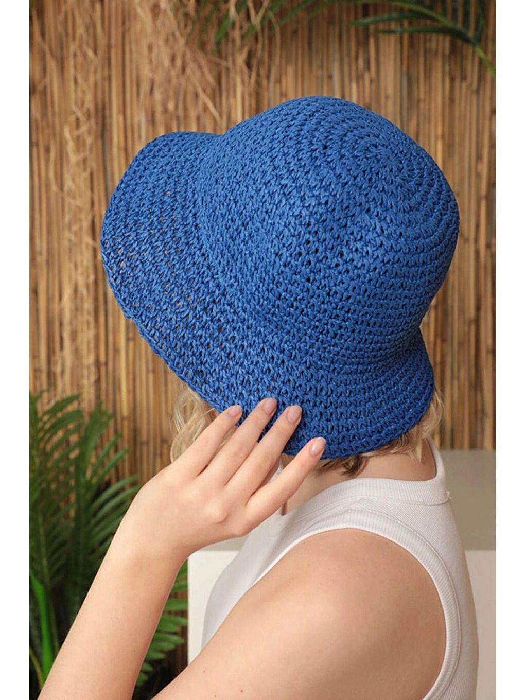 Mavi Saks Ithal El Örgüsü Hasır Şapka-3