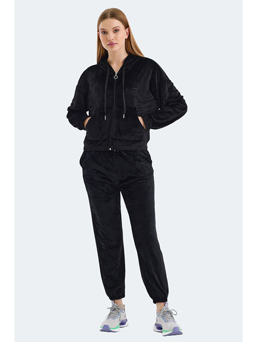 VOTE IN Kadın Fermuarlı Kapüşonlu Cepli Siyah Eşofman Takımı-5