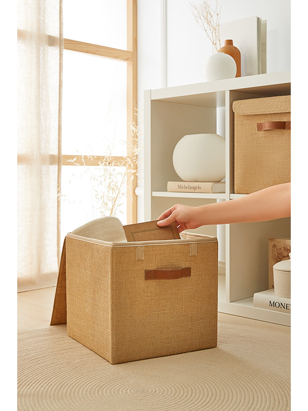 Bej 2'li Jüt Kapaklı Kutu Set 30x30x30 cm-2