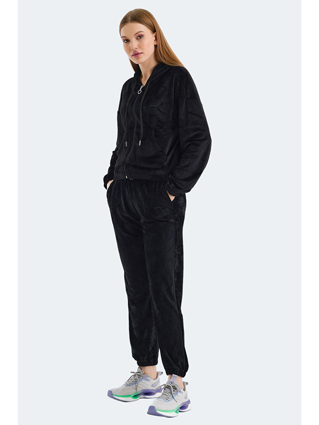 VOTE IN Kadın Fermuarlı Kapüşonlu Cepli Siyah Eşofman Takımı-6