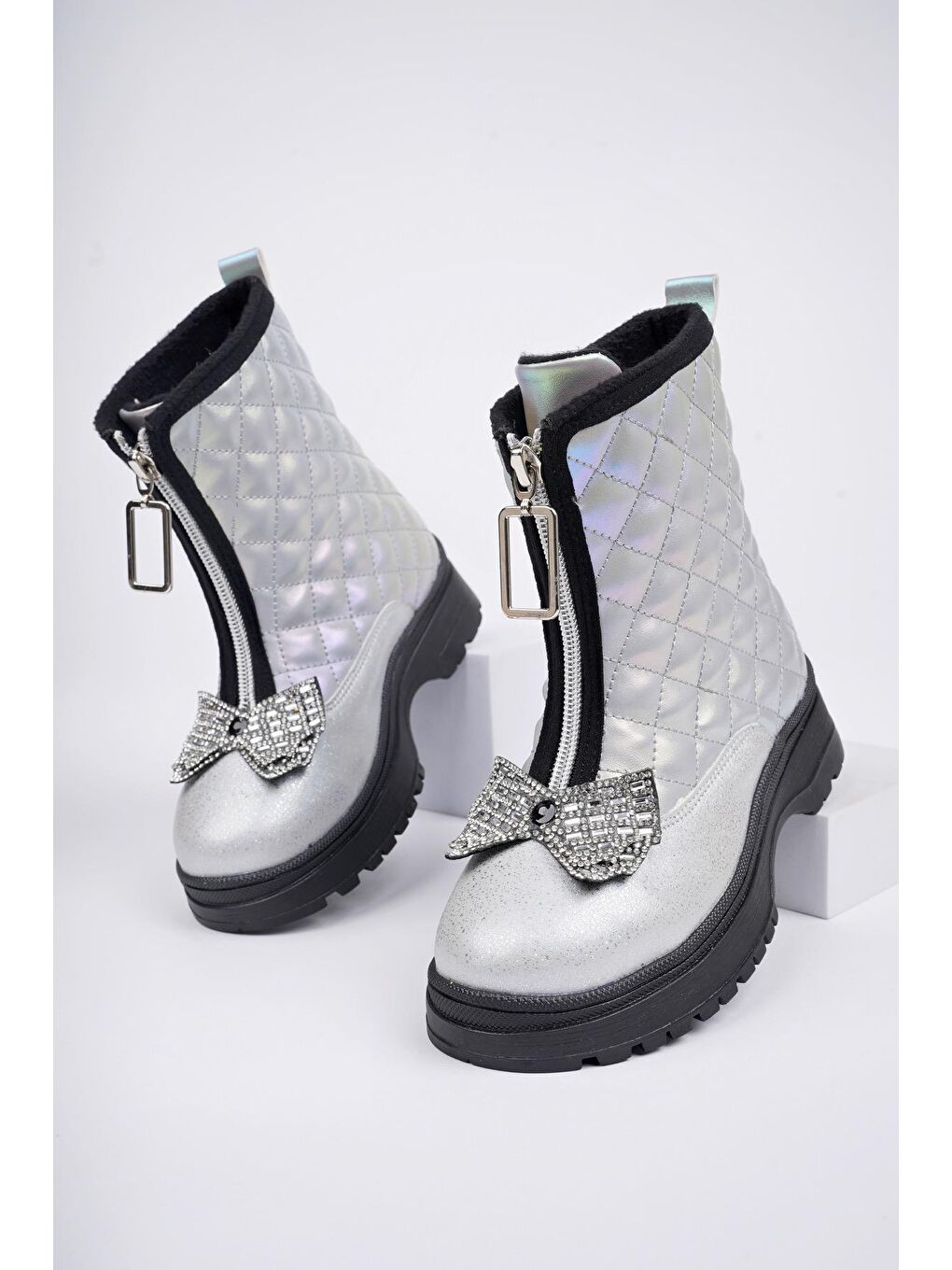 Gri PONNY Tırtıklı Kaymaz Taban Önü Fermuarlı ve Fiyonklu Çocuk Kışlık Bot