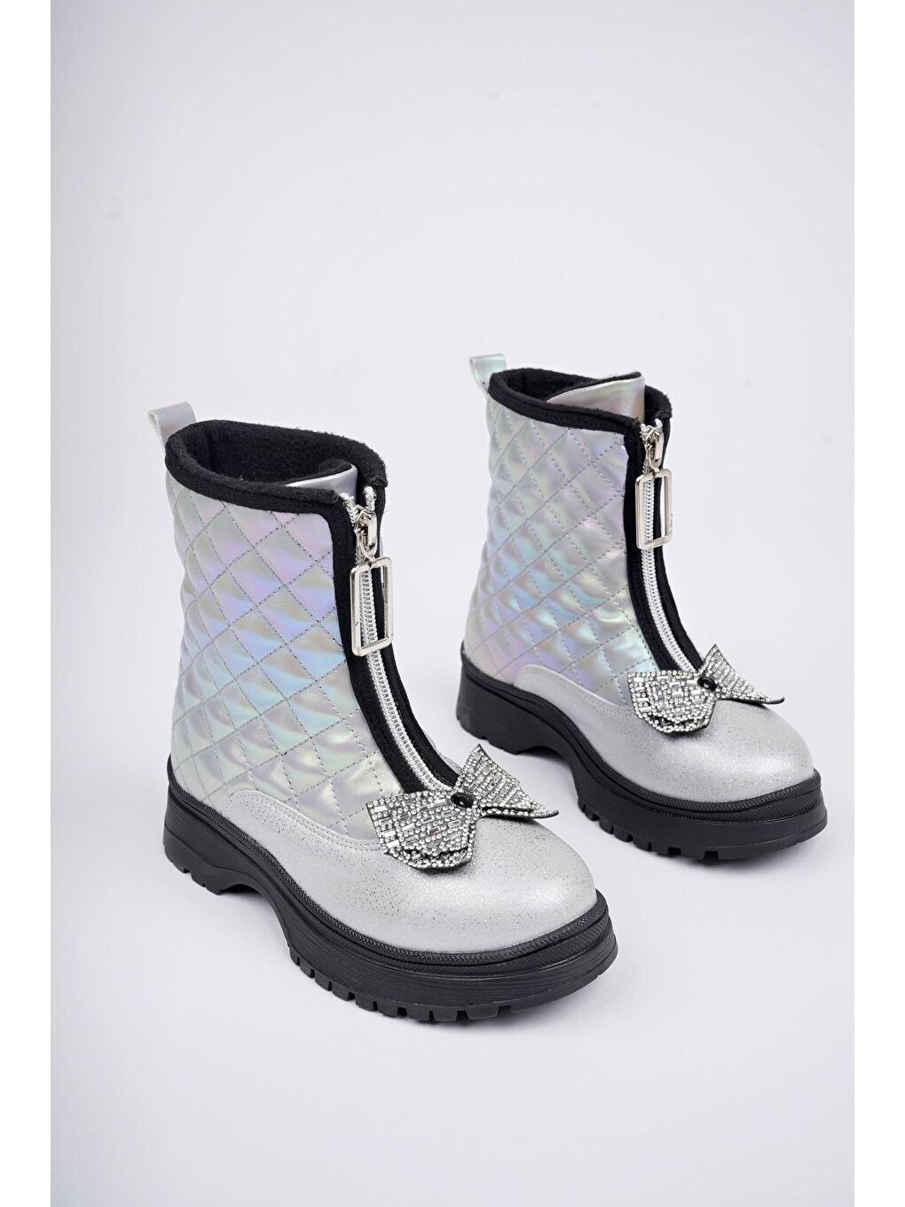 Gri PONNY Tırtıklı Kaymaz Taban Önü Fermuarlı ve Fiyonklu Çocuk Kışlık Bot-1