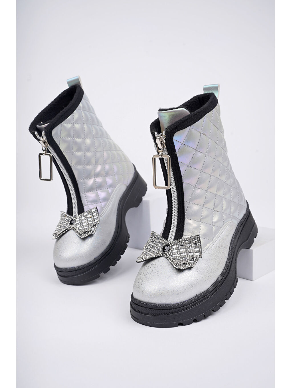 Gri PONNY Tırtıklı Kaymaz Taban Önü Fermuarlı ve Fiyonklu Çocuk Kışlık Bot-3