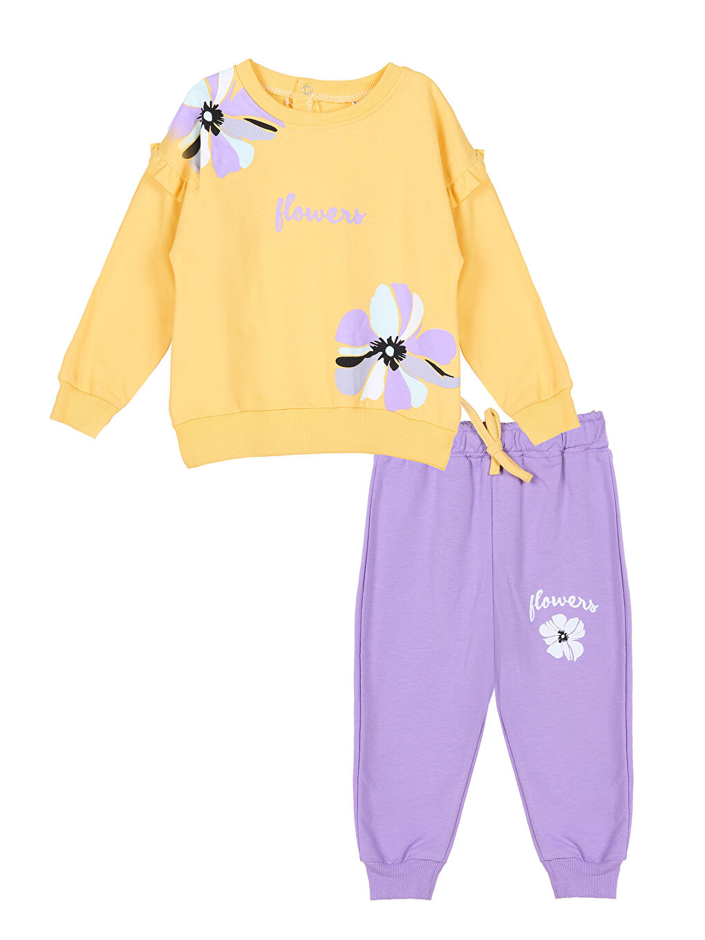 KİKO Sarı Flower Baskı Kız Bebek Sweatshirt Eşofman 2'Li Takım