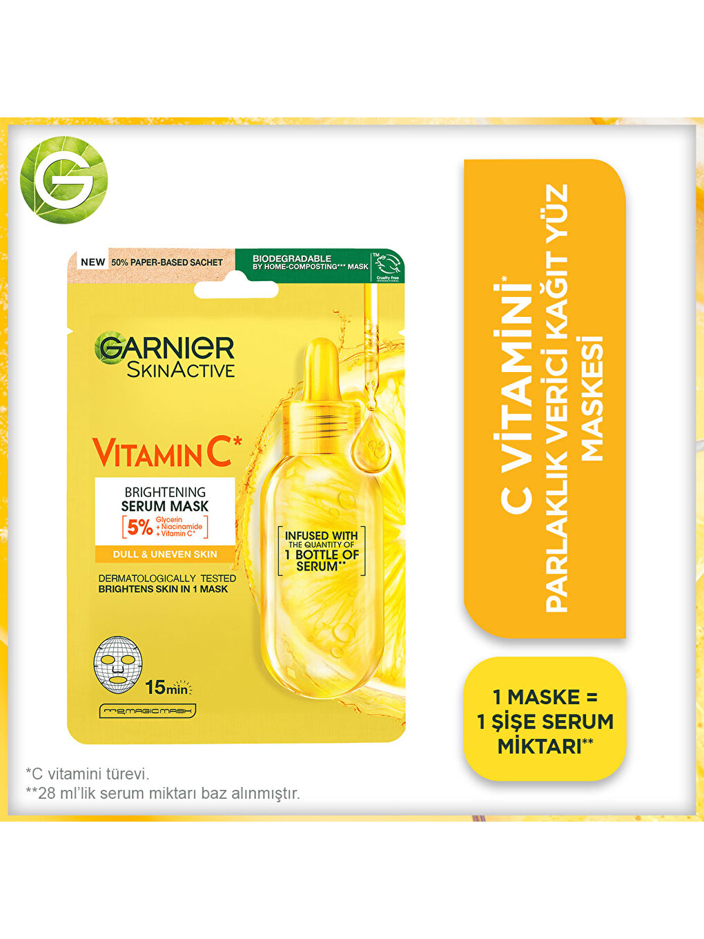 GARNIER Şeffaf C Vitamini Parlaklık Verici Kağıt Yüz Maskesi