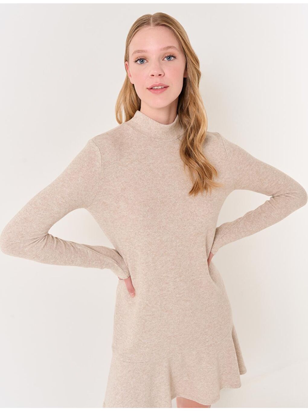 Bej Melanj Balıkçı Yaka Uzun Kollu Elbise