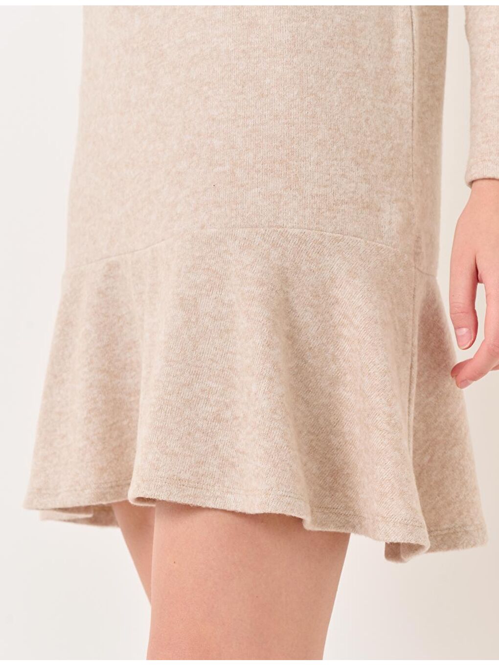 Bej Melanj Balıkçı Yaka Uzun Kollu Elbise-2