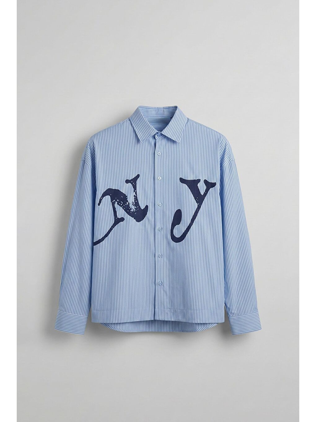 Erkek Oversize Çizgili Baskılı Gömlek Mavi