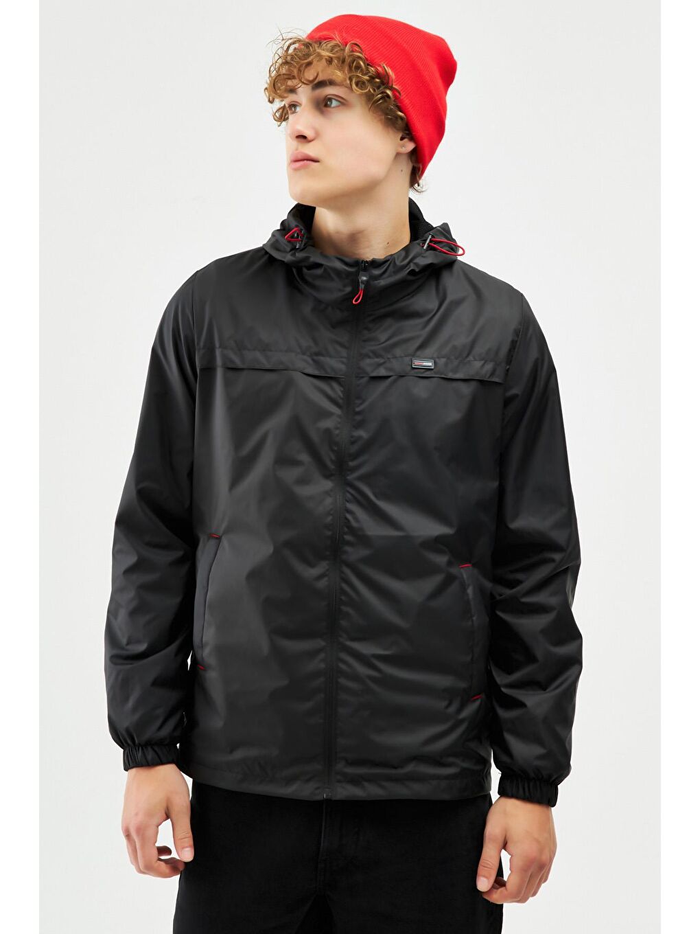 Siyah Erkek Beyaz Suya Dayanıklı Kapüşonlu İçi Astarlı Cepli Yağmurluk - Rüzgarlık Ceket Y-25