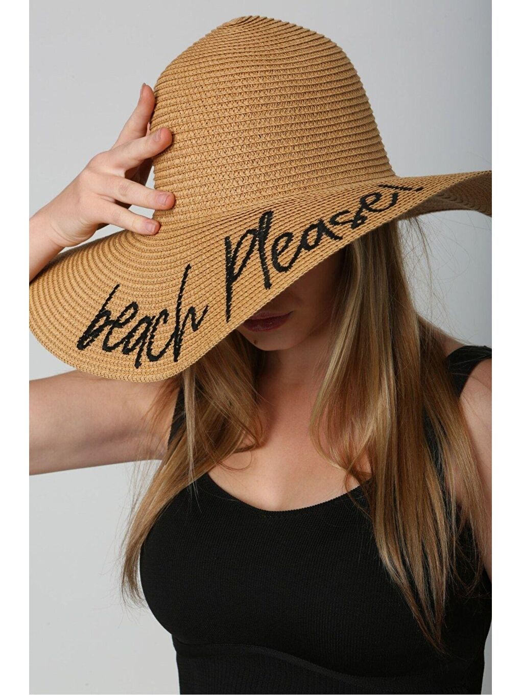 Kahverengi Beach Please Nakışlı Camel Hasır Şapka Kutulu GönderimHsr2029-1