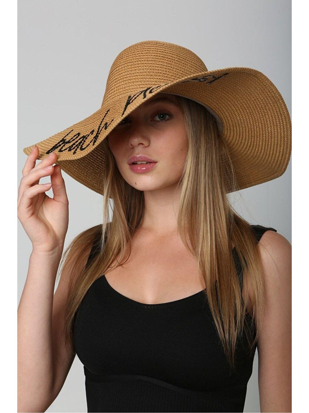 Kahverengi Beach Please Nakışlı Camel Hasır Şapka Kutulu GönderimHsr2029-2