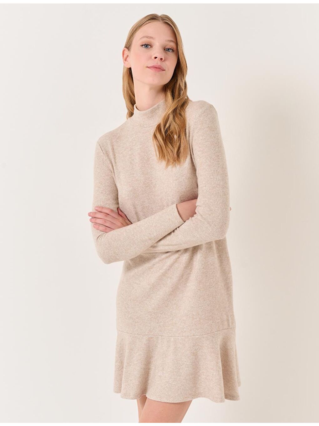 Bej Melanj Balıkçı Yaka Uzun Kollu Elbise-3