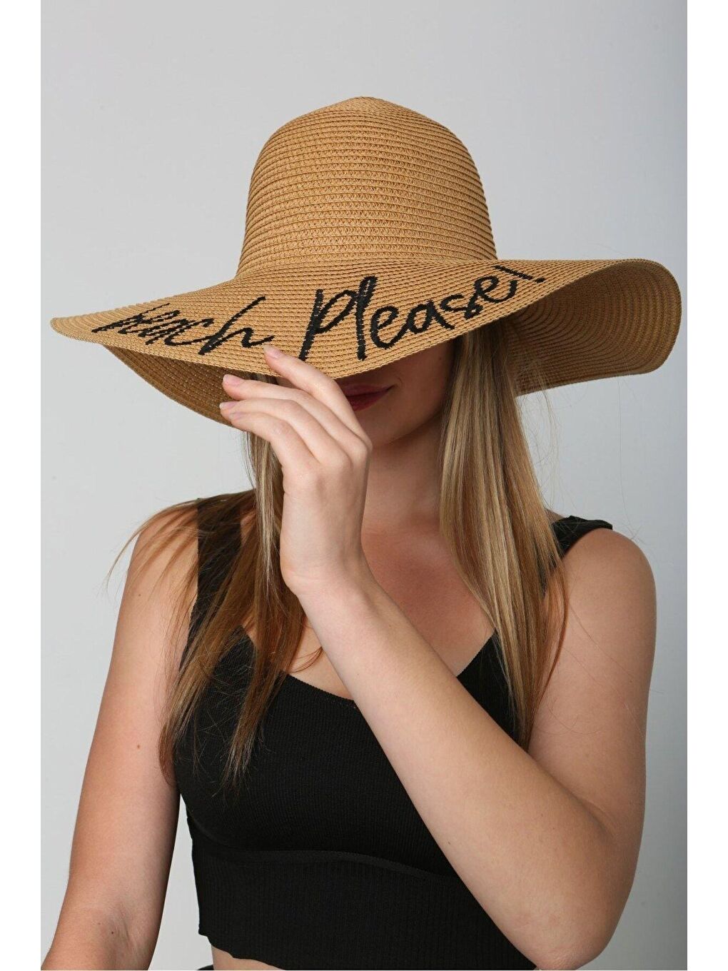 Kahverengi Beach Please Nakışlı Camel Hasır Şapka Kutulu GönderimHsr2029-5