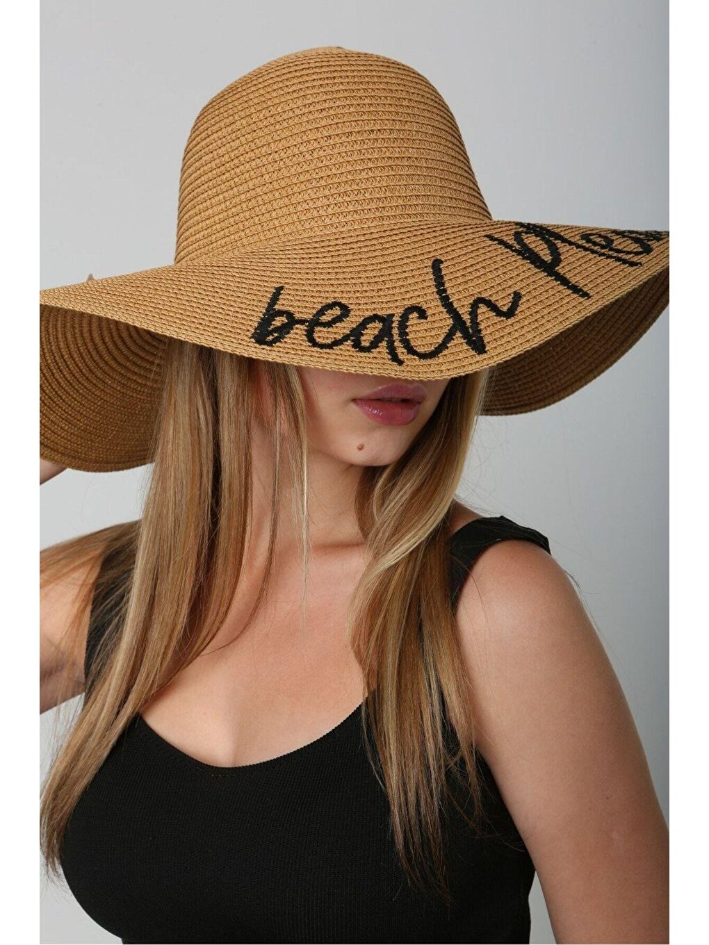 Kahverengi Beach Please Nakışlı Camel Hasır Şapka Kutulu GönderimHsr2029-6