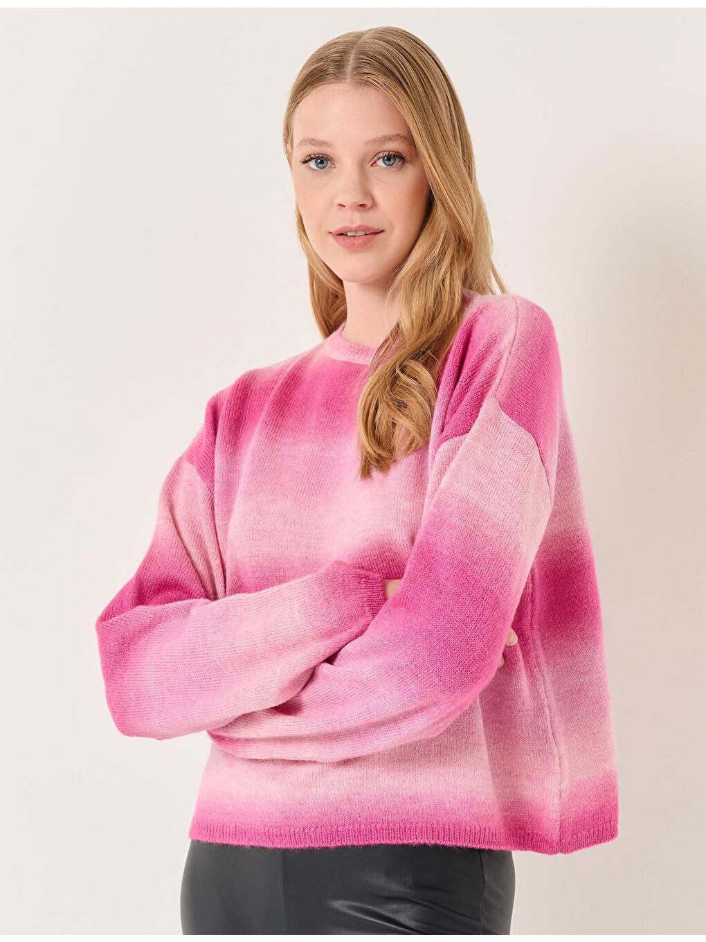 Pembe Uzun Kollu Bisiklet Yaka Renk Bloklu Kazak-2